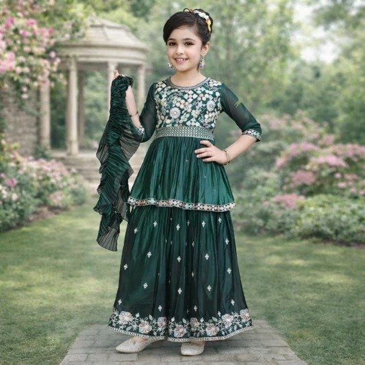 Girls Green Embroidered Sharara Set - Arshi Kids World