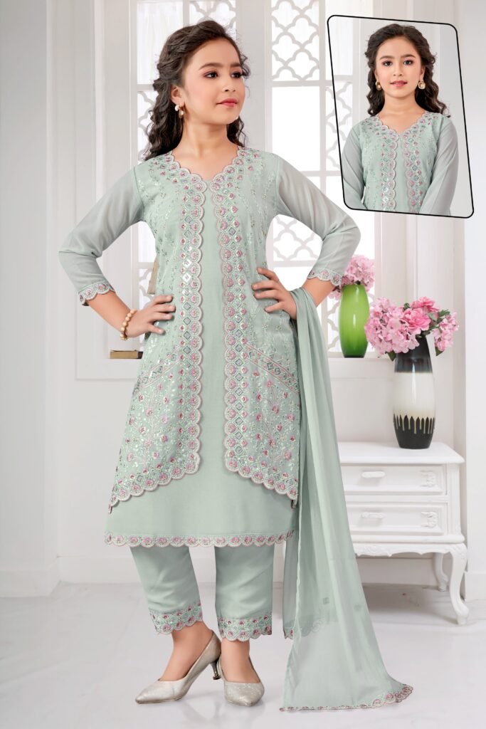 Girls pastel green embroidered kurti set with scalloped border