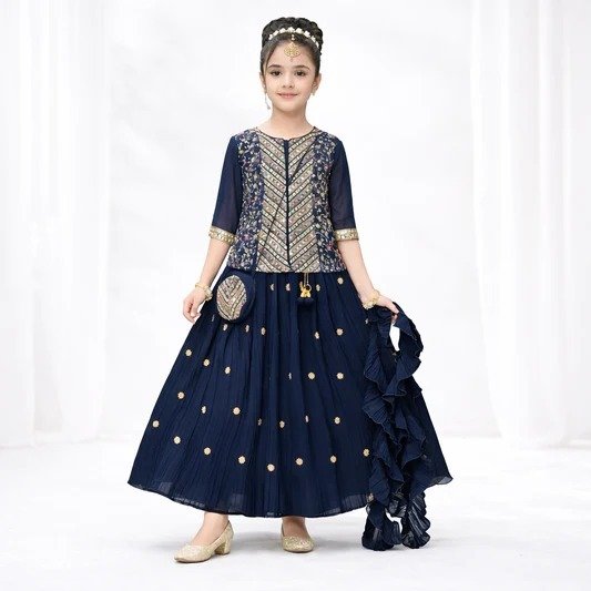 Girls Navy Blue Embroidered Choli Lehenga Set - Arshi Kids World