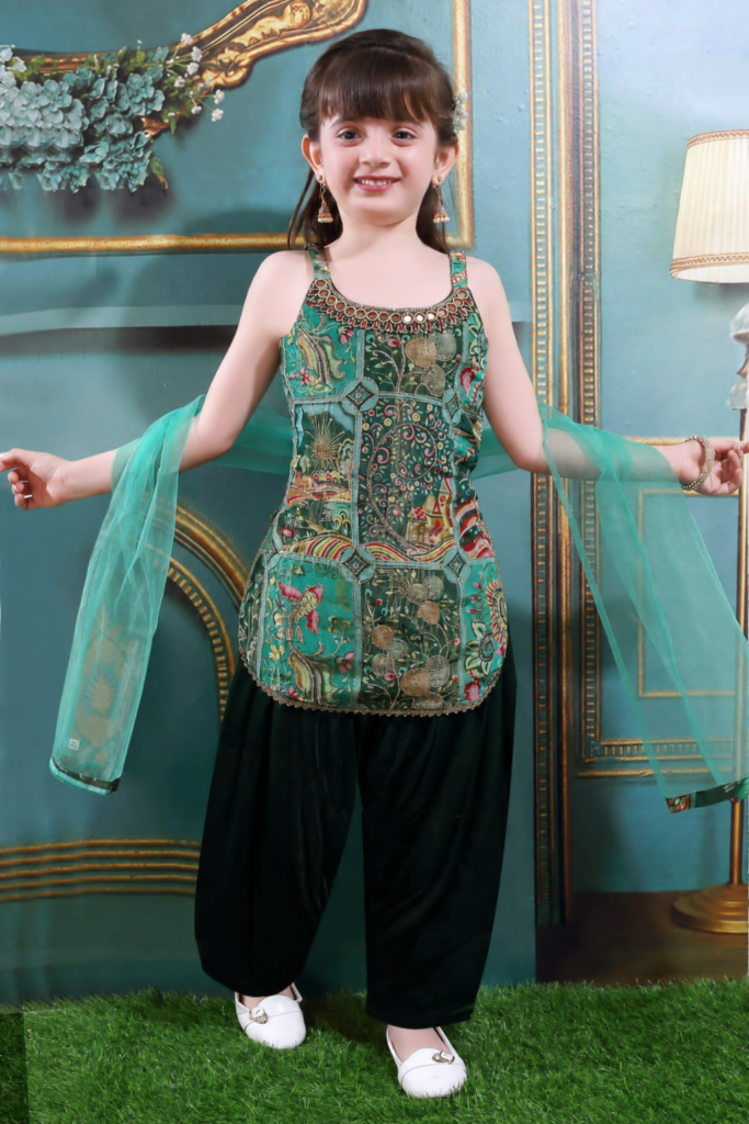 Girls Green Embroidered Patiala Suit Set - Arshi Kids World