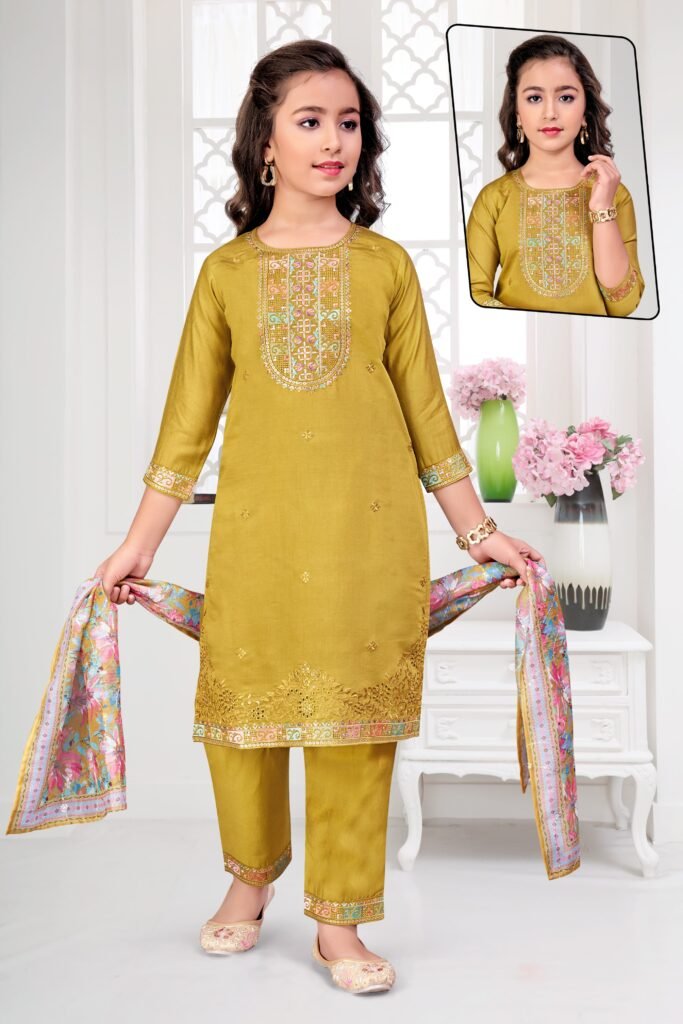Girls mustard yellow embroidered kurti palazzo set with printed dupatta