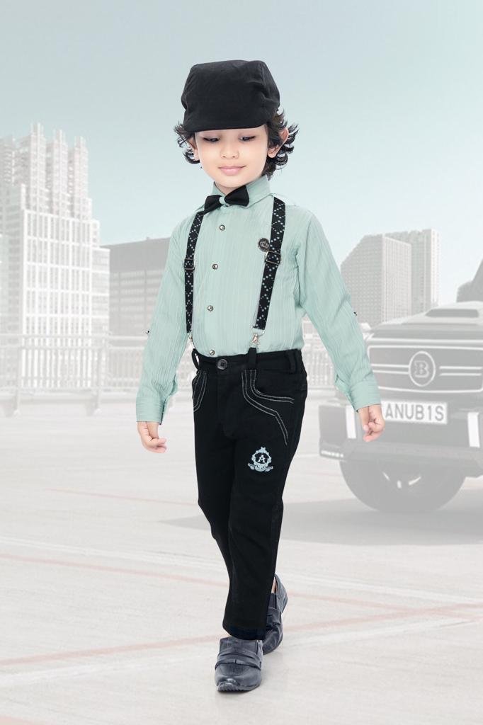 Boys mint green shirt with suspenders and black trouser set
