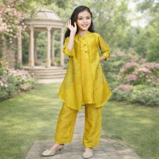 Girls mustard yellow embroidered high-low kurti with pants set
