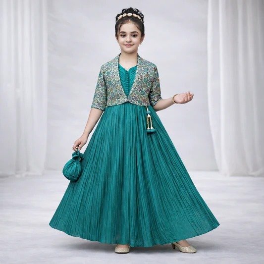 Girls teal green jacket style pleated gown with potli bag