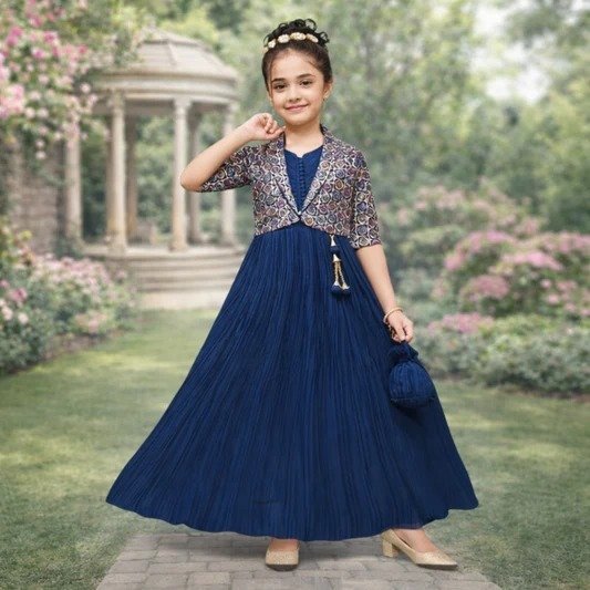 Girls navy blue brocade jacket style pleated gown with potli bag