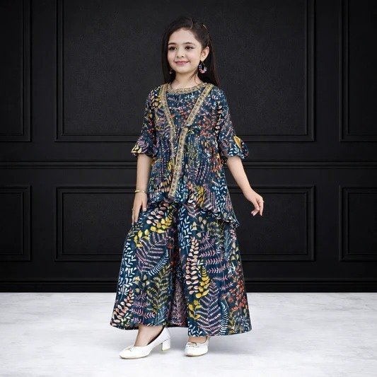 Girls navy botanical print high-low kurti with palazzo pants set